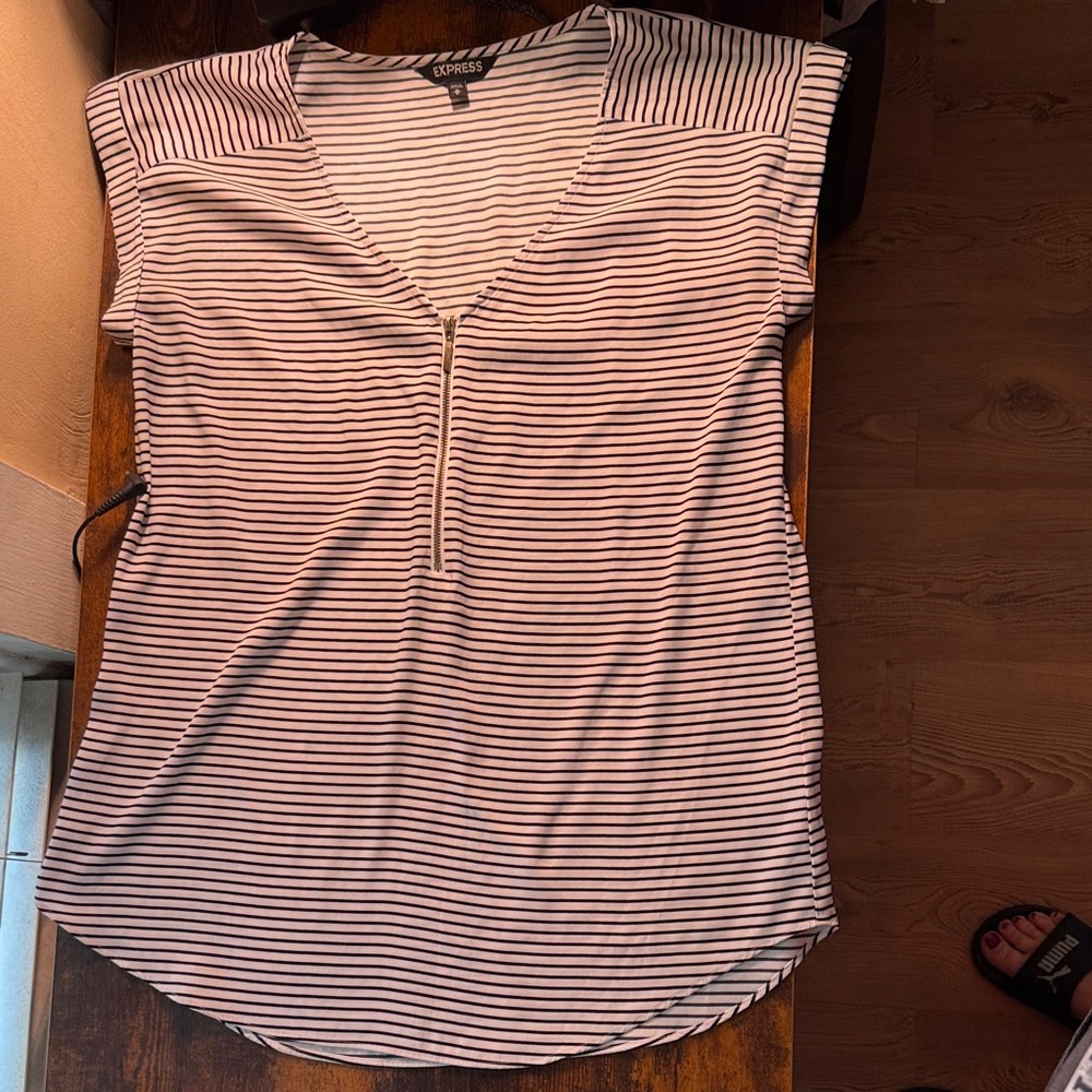 Express V-Neck Black and White Striped Blouse